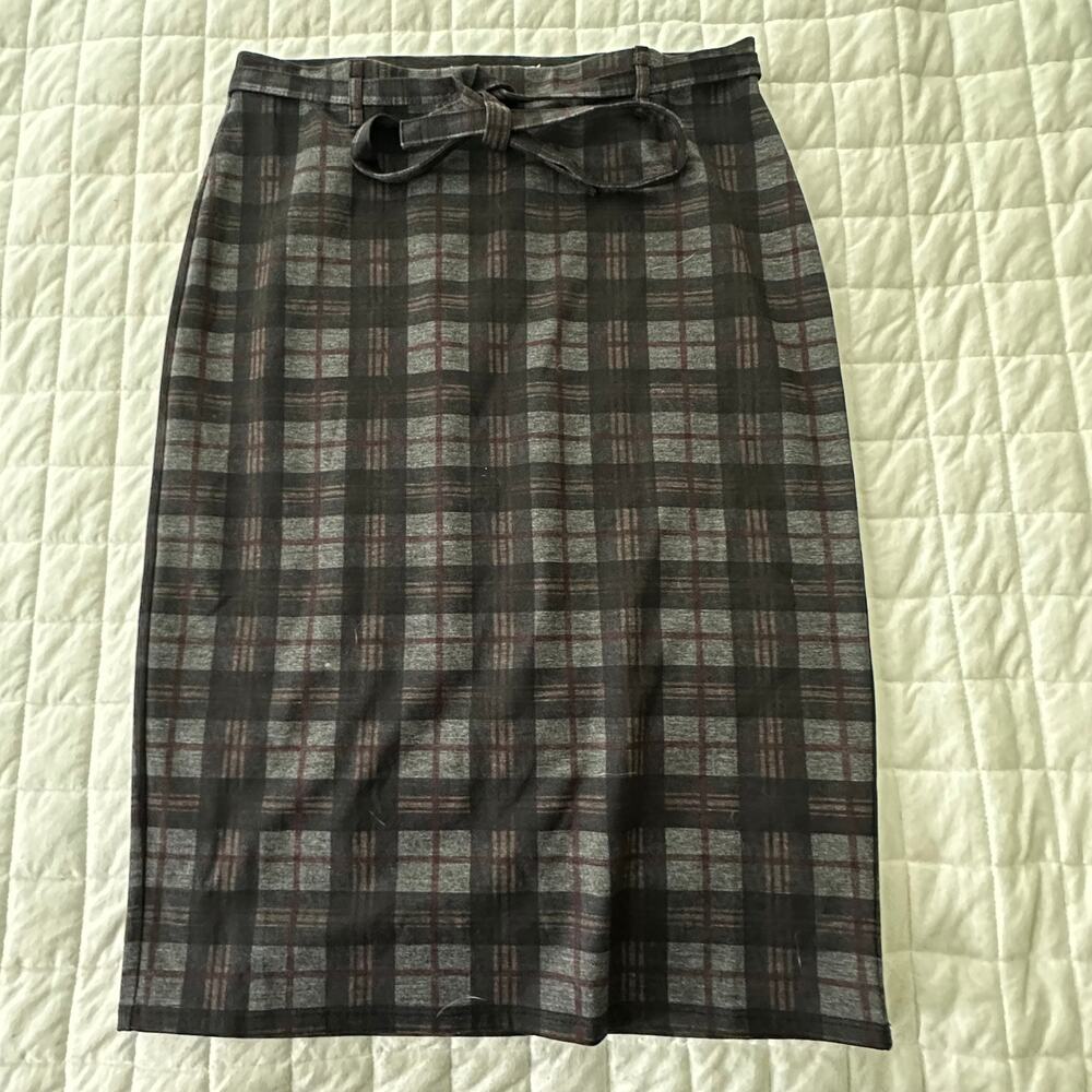 Carole Wren Pencil Skirt Womens Small Gray Plaid Midi Modest Preppy Academia